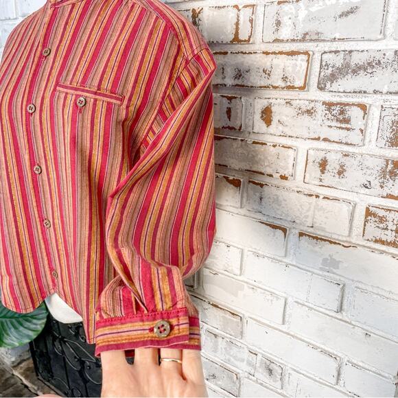 Vintage 90s Liz Wear Petite Red Metallic Gold Multi Stripe Linen Long Sleeve Top - Picture 5 of 11
